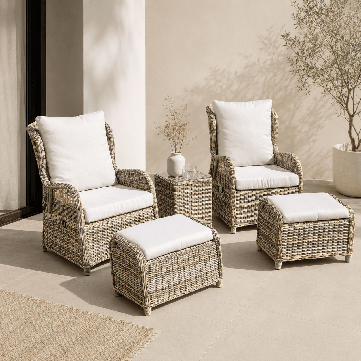 Set de sillones reclinables de terraza en ratán sintético con reposapiés