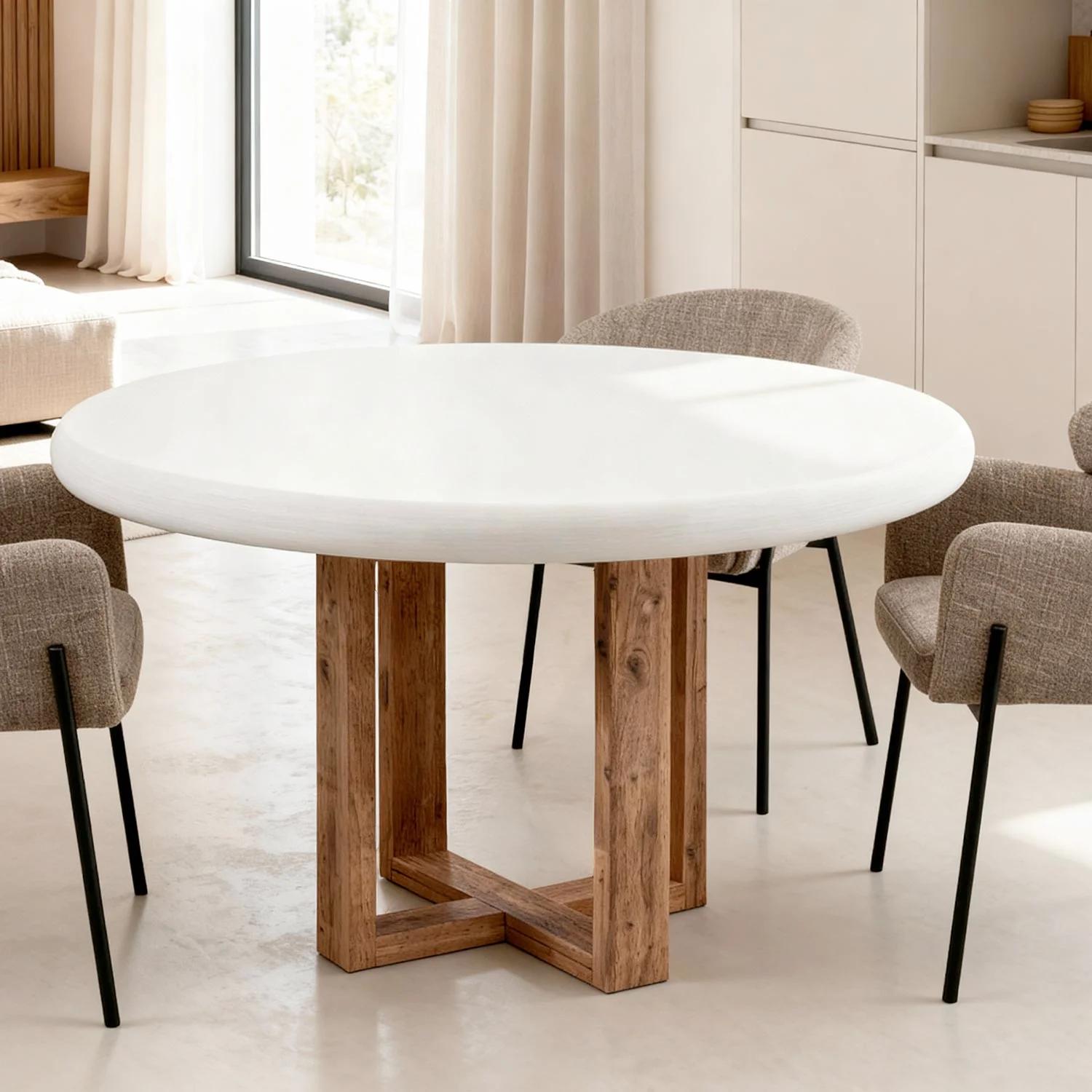 Mesa de comedor circular Violette 120 cm en cemento y madera de hevea