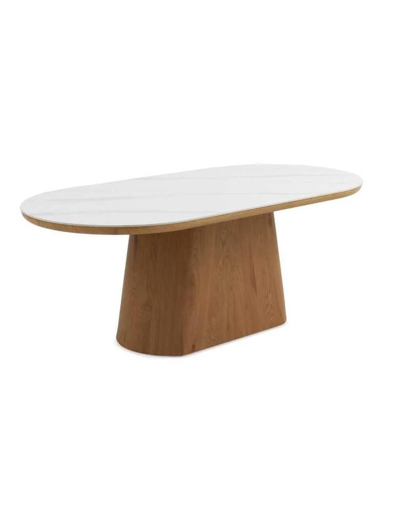 Mesa de comedor ovalada en roble con sobre cerámico mármol blanco