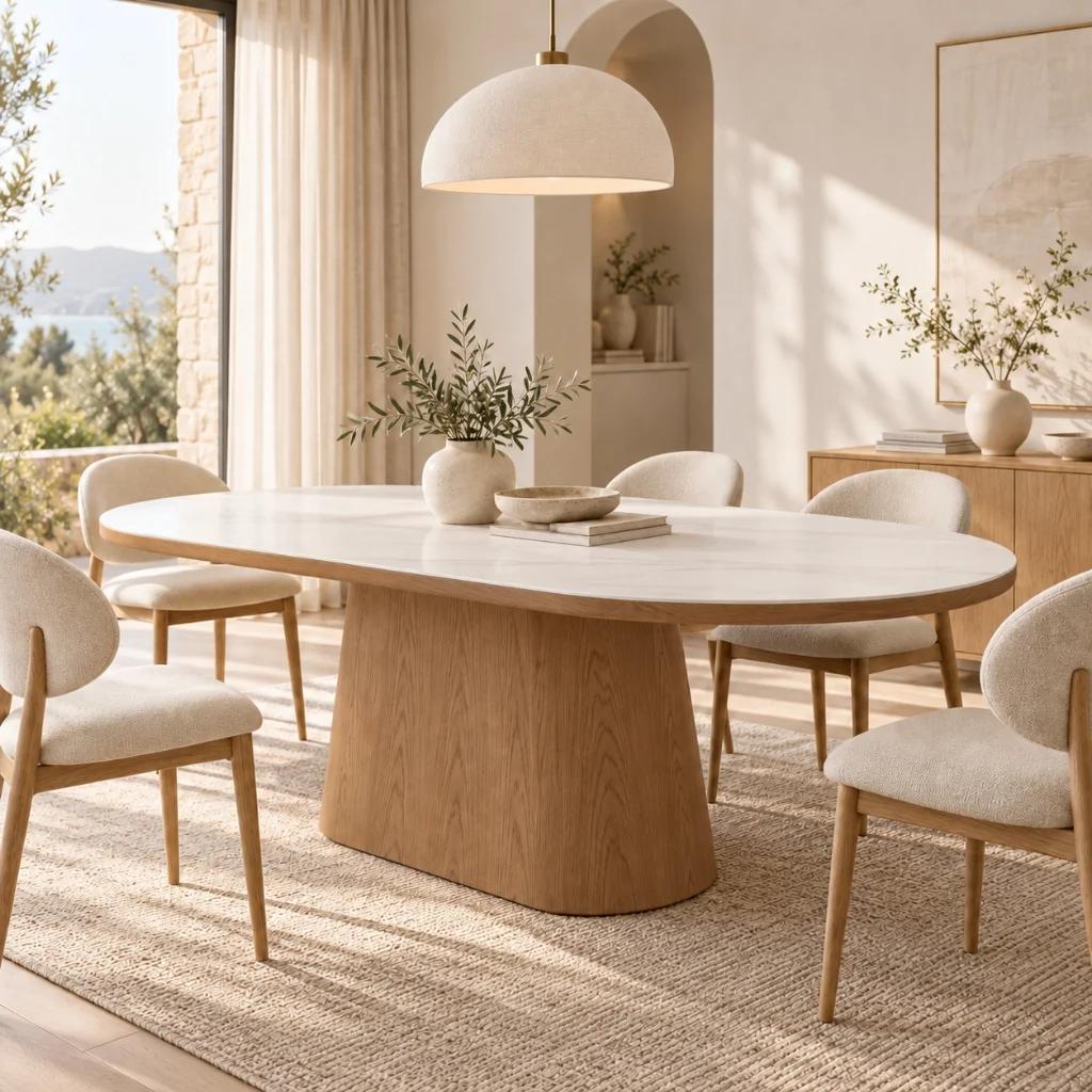 Mesa de comedor ovalada en roble con sobre cerámico mármol blanco