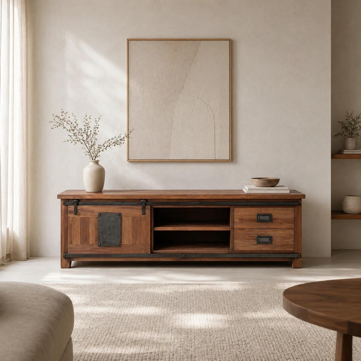 Mueble TV en madera maciza de acacia con puerta corredera
