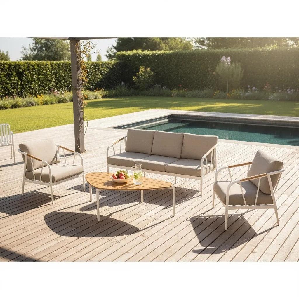 Set de exterior en aluminio blanco y teka Modelo 335