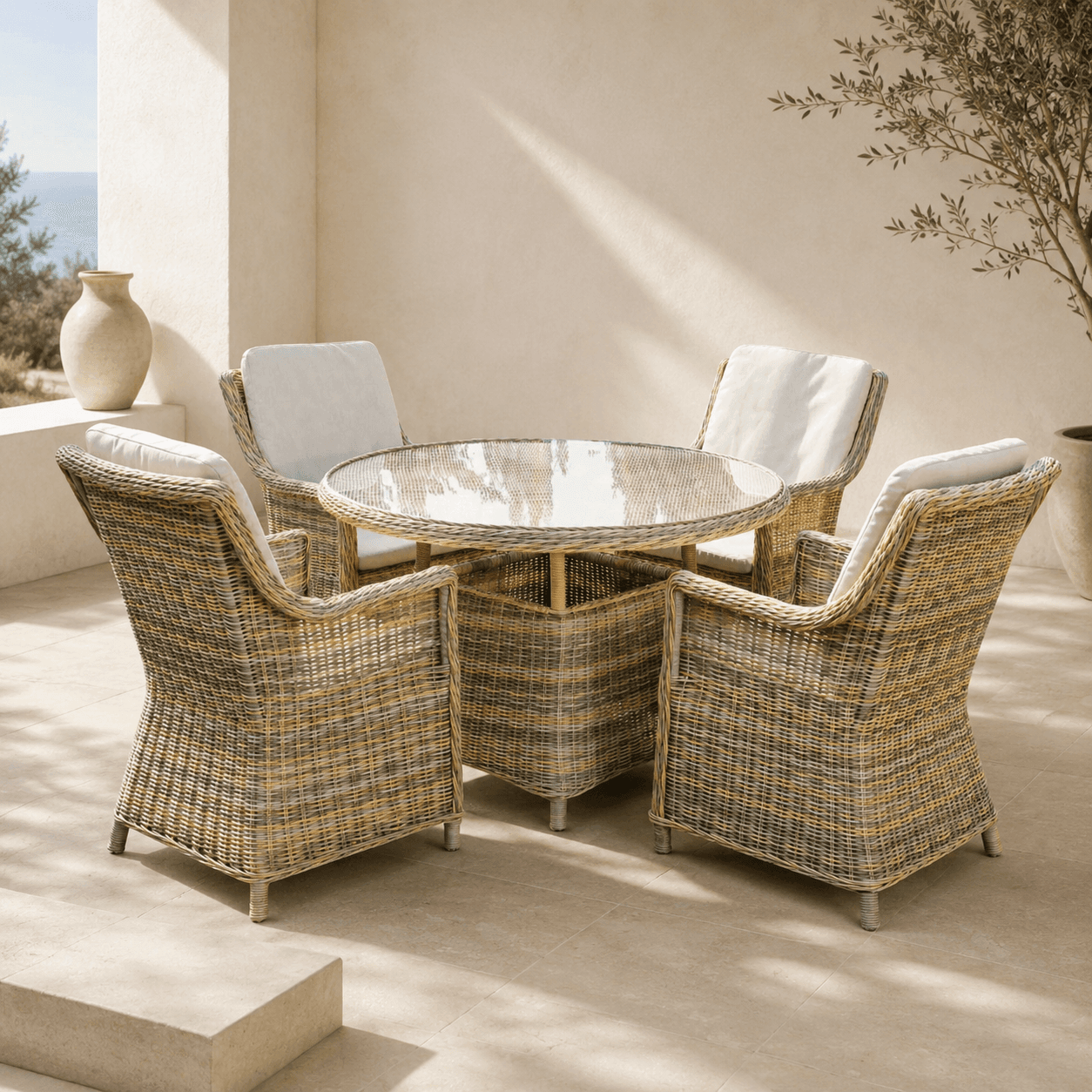Conjunto de Terraza Comedor Mesa Redonda y 4 Sillones
